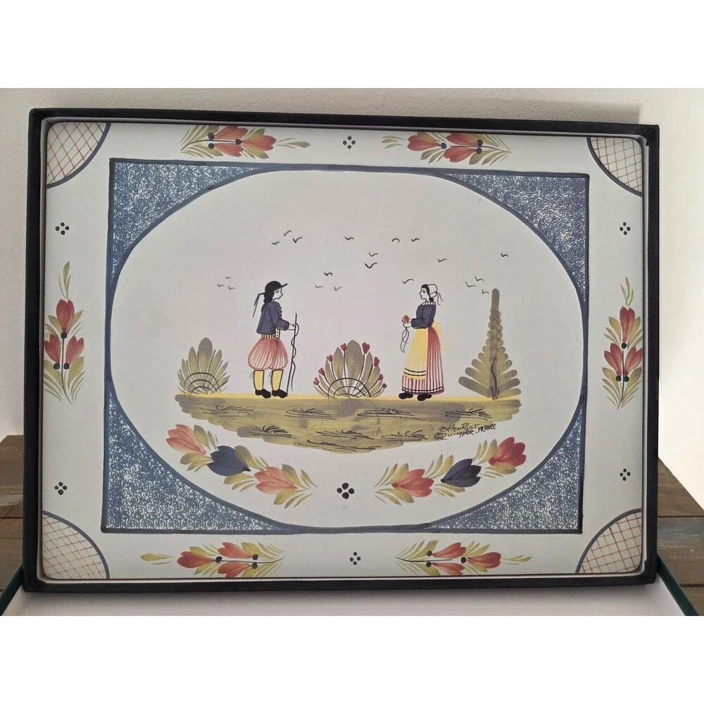 HB Henriot Quimper Placemats Set of 2 Blue French Breton Folk Art Lady Clare